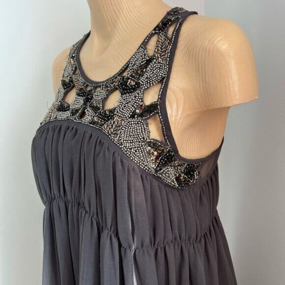 Y2K Vintage Zara Gray Grey Grunge Embellished Sparkly Cut Out Tank Dress Mini L - Picture 2 of 16